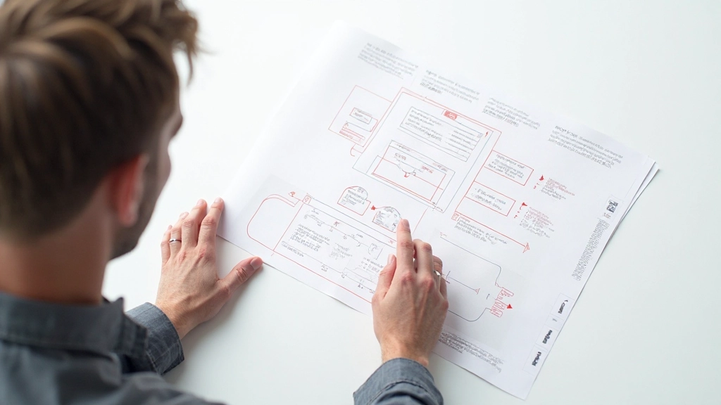 Designer analyseert visuele hiërarchie op wireframe met pijlen en nummers die leesrichting aangeven