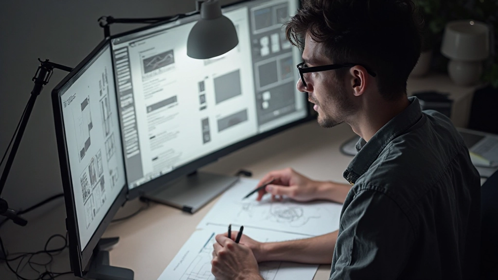 Designer werkt aan lay-outschets op een computer met grijstinten wireframe zichtbaar op het scherm