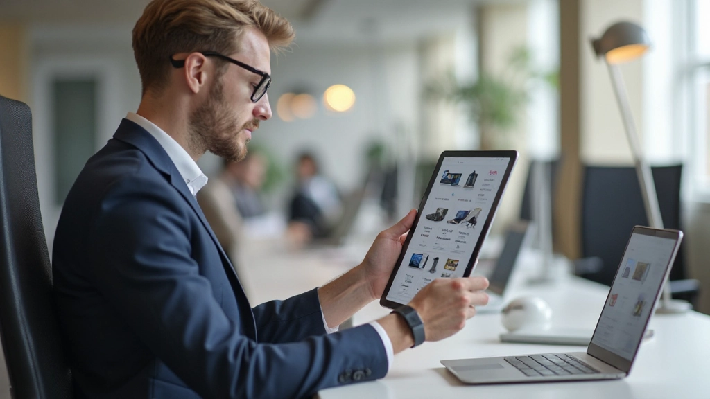 E-commerce product pagina op drie schermen: mobiel met gestapelde layout, tablet met twee kolommen, desktop met galerij en zijbalk